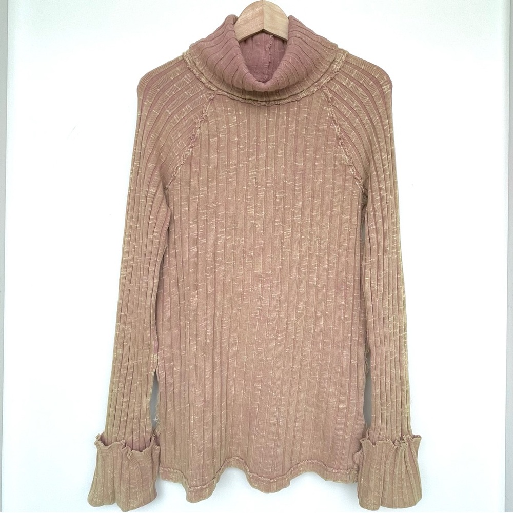 Free People Turtleneck Slouchy Knit Sweater Ribbed Long Cuffed Sleeve Raw Seam - Picture 7 of 14